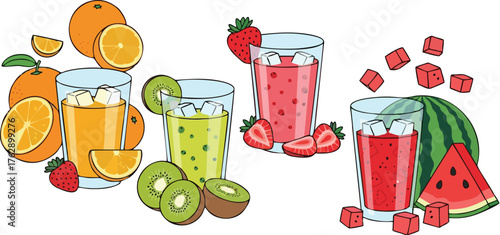 Illustration of four glasses filled with fruit juices: orange, kiwi, strawberry, and watermelon, accompanied by their respective fresh fruits.
