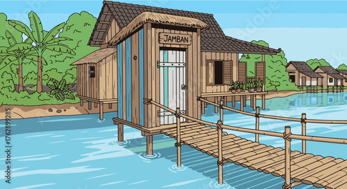 Picturesque Waterside Hut Illustration with Tropical Setting