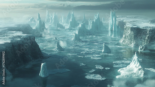 An aerial view of a vast sea of icebergs scattered across the icy ocean, with some towering high above the water and others partially submerged.