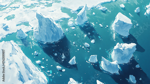 An aerial view of a vast sea of icebergs scattered across the icy ocean, with some towering high above the water and others partially submerged.