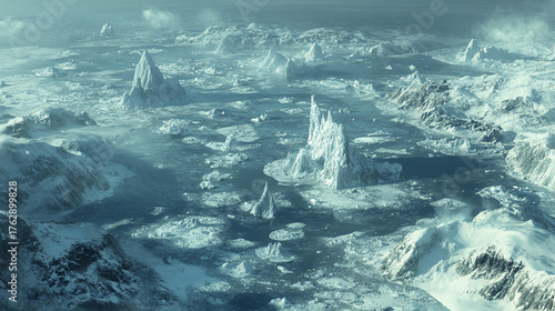 An aerial view of a vast sea of icebergs scattered across the icy ocean, with some towering high above the water and others partially submerged.