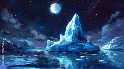 An iceberg at night, illuminated by soft moonlight, casting deep blue and silver shadows across the ice and water, with distant stars twinkling above.