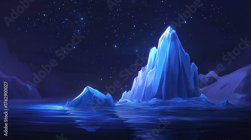 An iceberg at night, illuminated by soft moonlight, casting deep blue and silver shadows across the ice and water, with distant stars twinkling above.