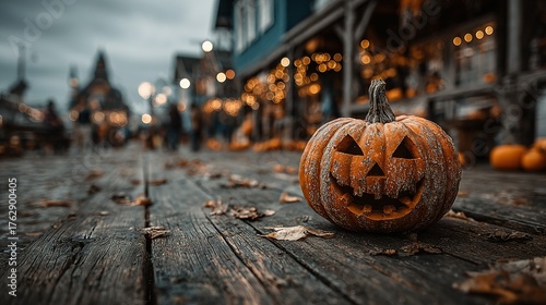 Carved pumpkin on wooden surface with blurred background of buildings and decorations.
