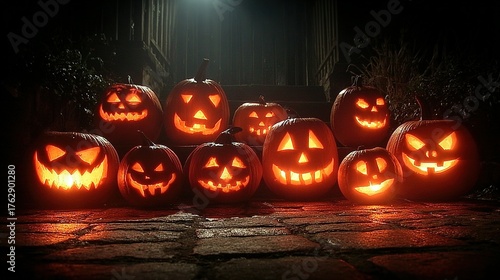 Group of glowing jack-o'-lanterns on stone surface with dark background.