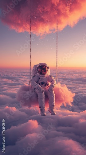 Astronaut on Cloud Swing at Sunset – Surreal Dreamscape Illustration