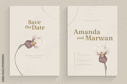 Simple Wedding Invitation Tempate with Aesthetic Flower Watercolor Arrangement