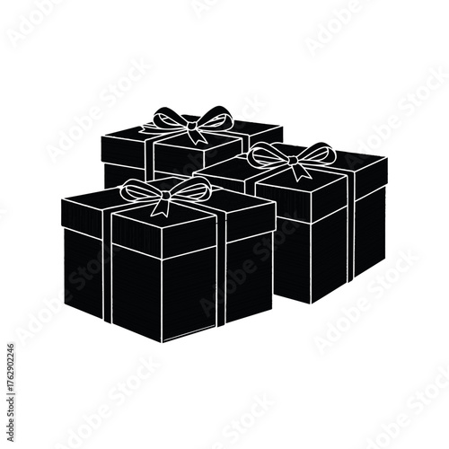 Vector art of three black gift boxes with ribbons and bows, , representing celebration, surprise, and special occasions like birthdays, holidays, and anniversaries, perfect for graphic design and mark