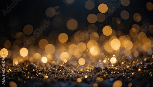 A dark background with bokeh particles of glitter and golden dust.  Abstract overlay with shimmering gold lights