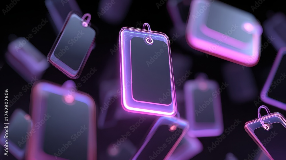 © Awais - Floating neon tags with a dark background create a modern tech aesthetic