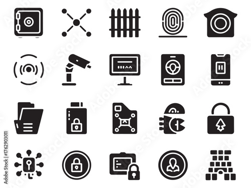 Collection of 20 glyph style icons for security and technology concepts