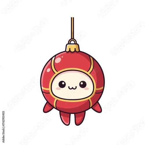 Cute Red Christmas Ornament with Kawaii Face and Tiny Limbs.