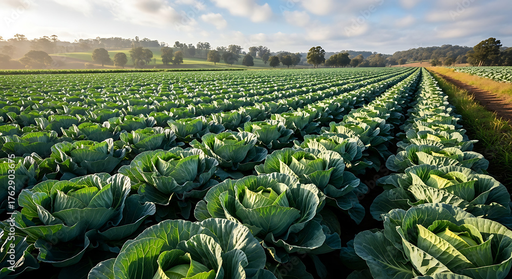 Fototapeta premium Cabbage field with green vegetable rows. Farming and agriculture landscape with crops in sunlight.