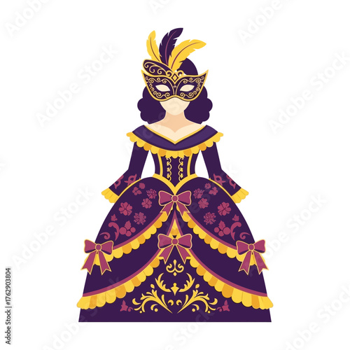 Elegant Woman in Masquerade Costume with Mask and Ornate Gown.