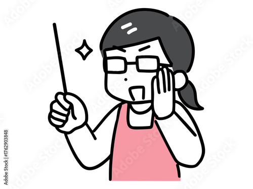 指示棒を使って説明している賢そうなエプロンの若い女性