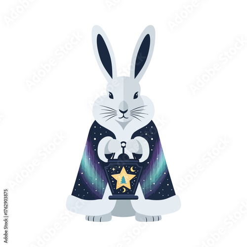 Enchanting White Rabbit with Aurora Cape and Star Lantern Illustration.