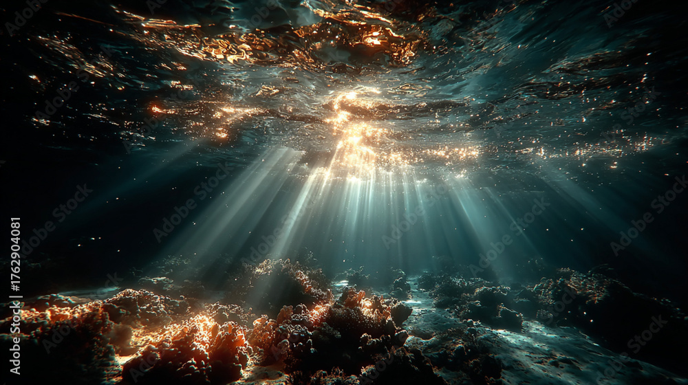 Fototapeta premium Dark blue ocean surface seen from underwater. Abstract waves underwater and rays of sunlight shining through, Sun light rays undersea deep, Underwater background with sea bottom, under sea.