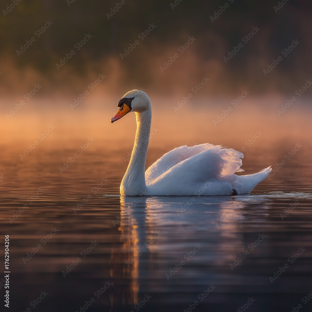 Fototapeta premium An elegant swan gracefully gliding across a misty lake at dawn, creating a serene and tranquil atmosphere with soft reflections on the water