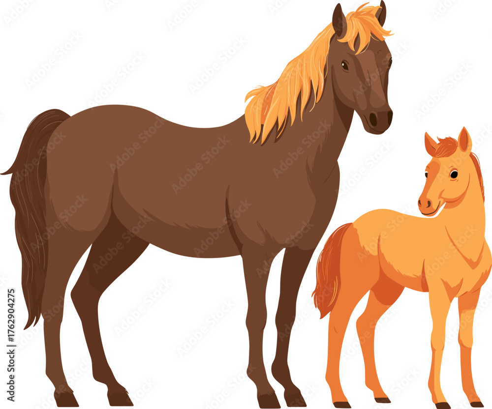 Fototapeta premium Pair of horses standing together isolated on transparent background. Vector illustration.