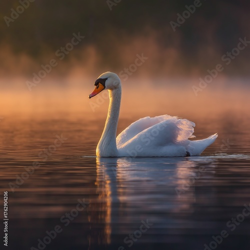 An elegant swan gracefully gliding across a misty lake at dawn, creating a serene and tranquil atmosphere with soft reflections on the water