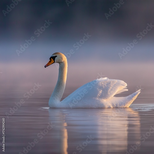An elegant swan gracefully gliding across a misty lake at dawn, creating a serene and tranquil atmosphere with soft reflections on the water