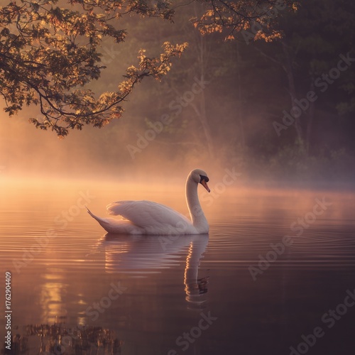 An elegant swan gracefully gliding across a misty lake at dawn, creating a serene and tranquil atmosphere with soft reflections on the water