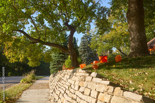 Sidewalk near a stone wall on a sunny day in October in my neighborhood near Minneapolis Minnesota USA
