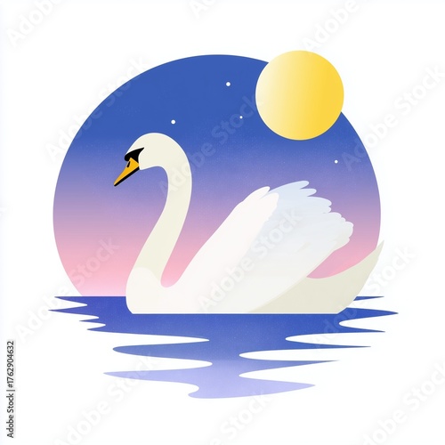 An elegant swan gracefully gliding across a misty lake at dawn, creating a serene and tranquil atmosphere with soft reflections on the water