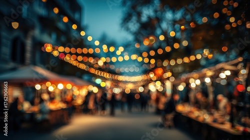 charming blurred evening market scene with colorful bokeh lights and festive atmosphere inviting ambiance for winter holiday celebrations and gatherings