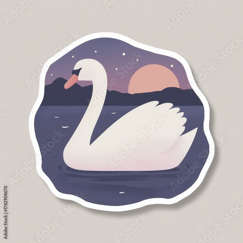 An elegant swan gracefully gliding across a misty lake at dawn, creating a serene and tranquil atmosphere with soft reflections on the water
