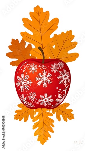 Red apple with snowflakes, autumn leaves