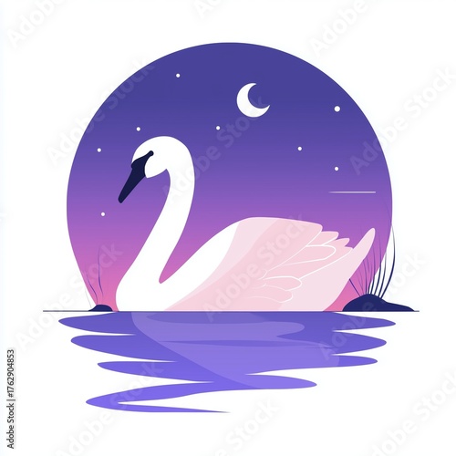 An elegant swan gracefully gliding across a misty lake at dawn, creating a serene and tranquil atmosphere with soft reflections on the water