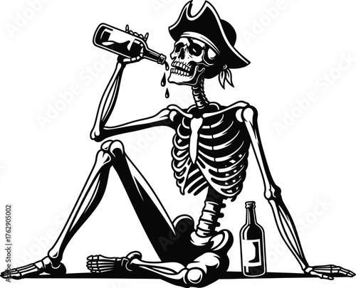 Skeleton pirate sitting and drinking from a bottle wearing a tricorn hat