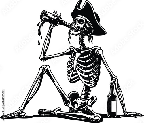 Pirate skeleton sitting and drinking from a bottle with a spyglass