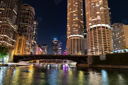 Chicago city cityscape. Cityscape night skyscraper building. Skyline architecture. Chicago city illuminated building. Night in Chicago city downtown. Skyscraper architecture. Evening in metropolis