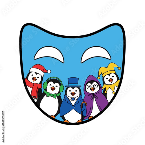 Festive Penguins in Costume Behind a Blue Mask.