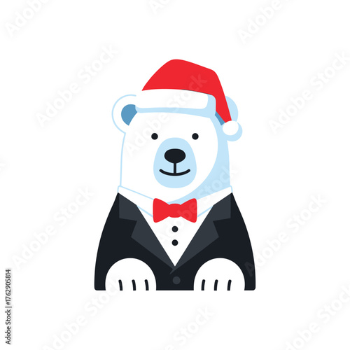 Festive Polar Bear in Tuxedo and Santa Hat Illustration.
