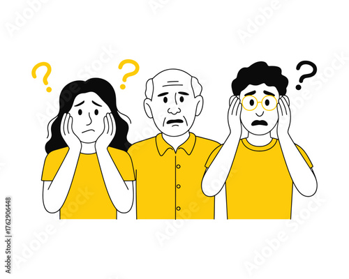 Confused family group with question marks expressing worry and uncertainty