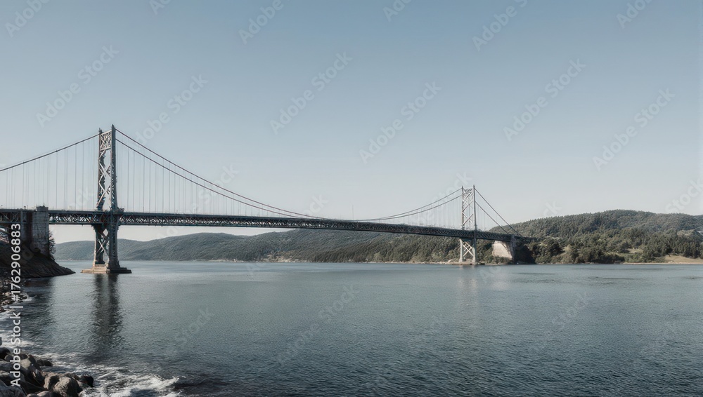 Fototapeta premium A long suspension bridge spans a body of water, connecting landmasses under a clear blue sky