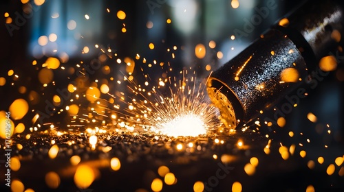 Intense sparks fly from a dark metal pipe being cut, creating a display of industrial light and energy.