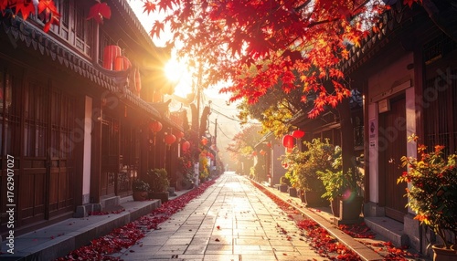 Golden Sunbeams Illuminate Traditional Asian Street Lined With Autumn Trees and Red Lanterns in Lijiang China