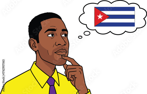 Thoughtful businessman dreams of Cuba travel, cultural exploration, and vibrant Havana adventures, inspiring global curiosity and wanderlust for unique experiences