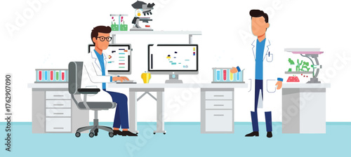 Two scientists conducting research in a modern lab with advanced equipment, perfect for illustrating innovation, teamwork, and scientific discovery.