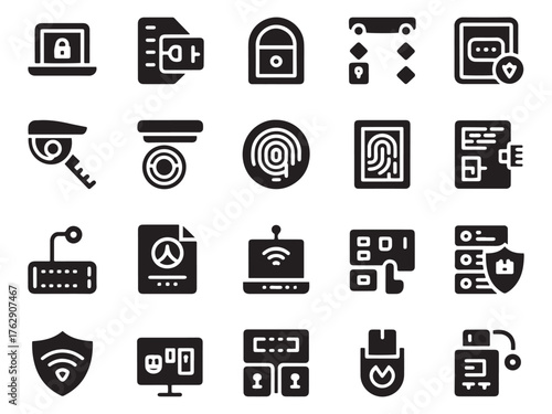 Collection of 20 glyph style security and access control icons for digital safety