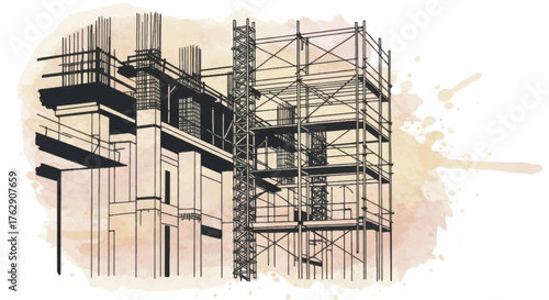 Artistic watercolor illustration of a building under construction with scaffolding.