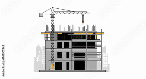 Construction of a multistory building with a crane.