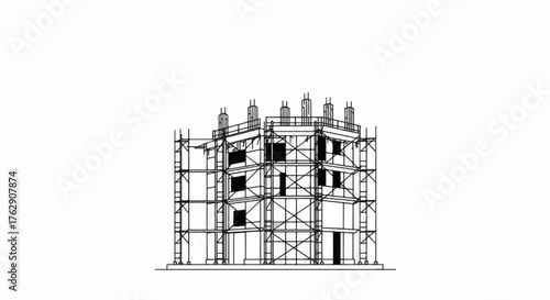 Construction site building under development with scaffolding and framework.