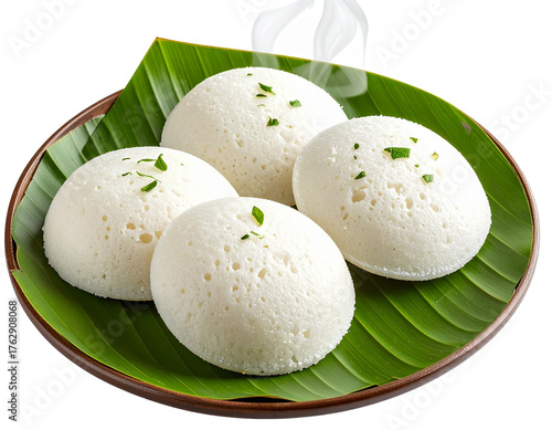 Untitled design - Steaming Soft Idlis on Traditional Plate, isolated on transparent background (2)