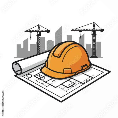 Orange Hard Hat and Blueprints on a Construction Site.