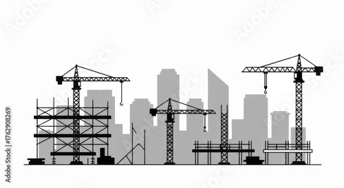 Industrial construction site with multiple tower cranes and scaffolding.